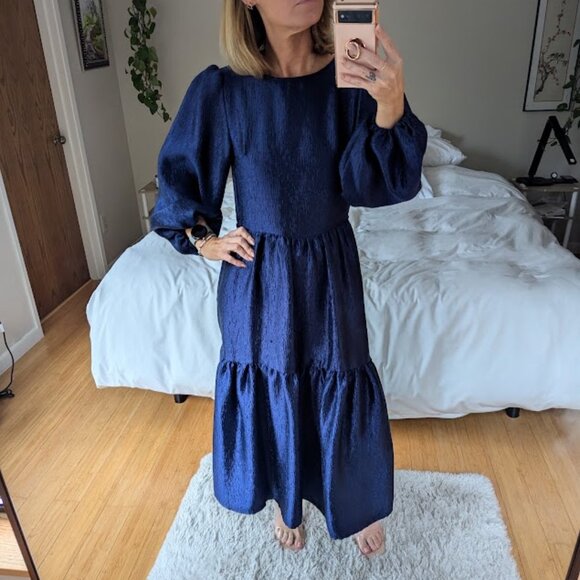 Topshop Premium Textured Jacquard Midi Dress Navy Blue Tiered Size 4 - Picture 8 of 11